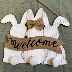 Guc hobby lobby Rustic Bunny Welcome Sign w jute rope hanger. Spring vibes!